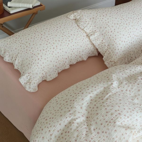 BuLuTu Pink Peony Floral Muslin Duvet Cover Set with Ruffles