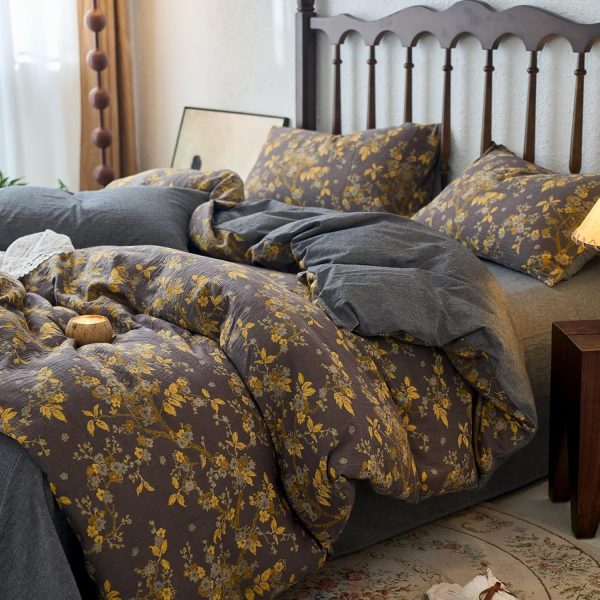 BuLuTu Vintage Cottage Yellow Floral Muslin Duvet Cover Set