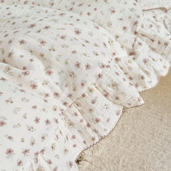 BuLuTu Pink Peony Floral Muslin Duvet Cover Set with Ruffles