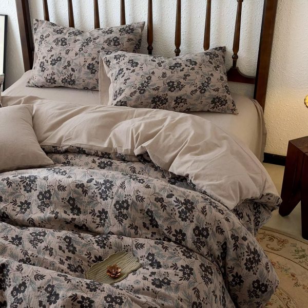 BuLuTu Vintage Boho Floral Muslin Duvet Cover Set with Ruffles