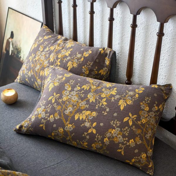 BuLuTu Vintage Cottage Yellow Floral Muslin Duvet Cover Set