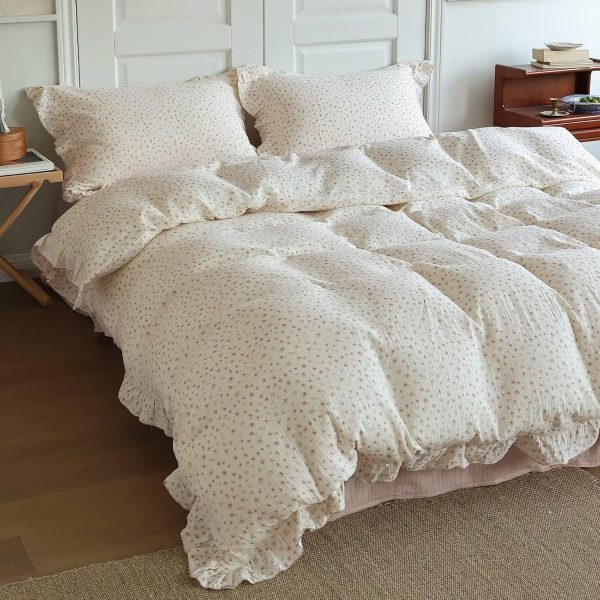 BuLuTu Pink Peony Floral Muslin Duvet Cover Set with Ruffles