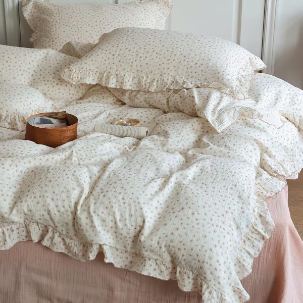 BuLuTu Pink Peony Floral Muslin Duvet Cover Set with Ruffles