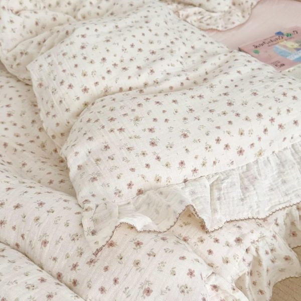 BuLuTu Pink Peony Floral Muslin Duvet Cover Set with Ruffles