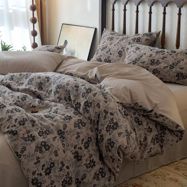 BuLuTu Vintage Boho Floral Muslin Duvet Cover Set with Ruffles