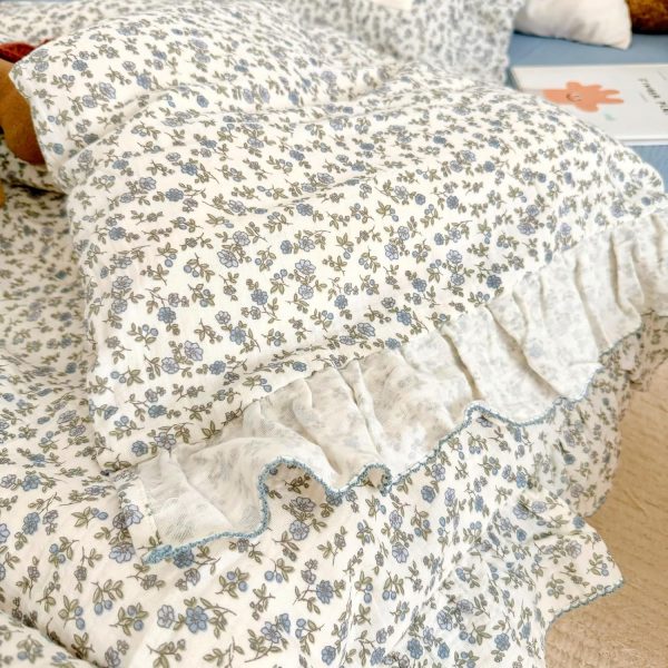 BuLuTu Toddler Blue Floral Muslin Duvet Cover with Ruffles - 47"x59"