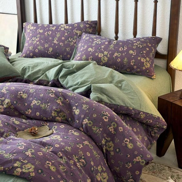 BuLuTu Shabby Chic Floral Muslin Duvet Cover Set