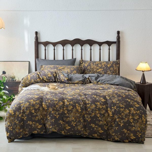 BuLuTu Vintage Cottage Yellow Floral Muslin Duvet Cover Set