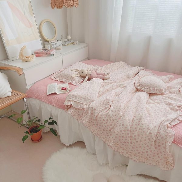 BuLuTu Toddler Girls Galsang Floral Muslin Duvet Cover with Ruffles - 47"x59"