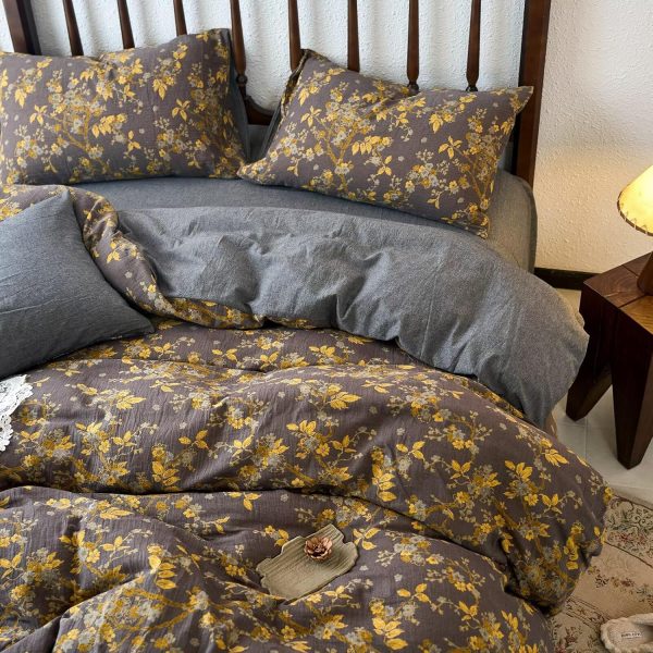BuLuTu Vintage Cottage Yellow Floral Muslin Duvet Cover Set