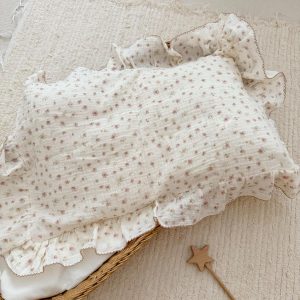 BuLuTu Pink Floral Muslin Toddler Pillowcase with Ruffles